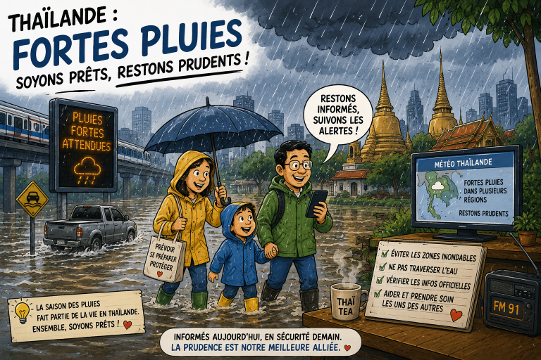 Toon illustrant les fortes pluies et les risques d’inondation en Thaïlande